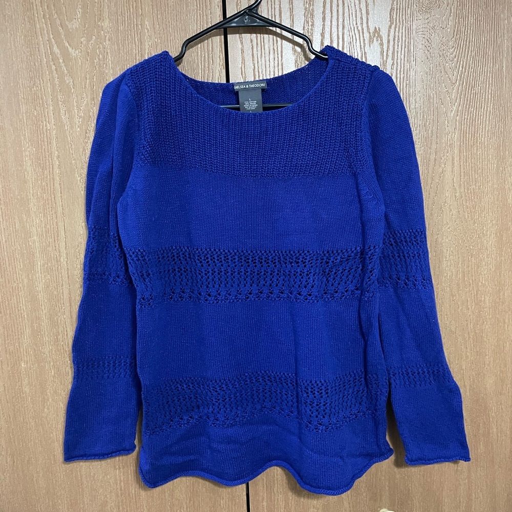 Chelsea & Theodore Open Knit Blue Sweater